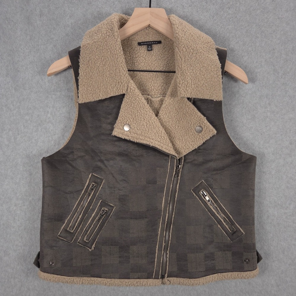 Staccato Womens Medium Asymmetric Brown Plaid Utility Vest Gorpcore Moto